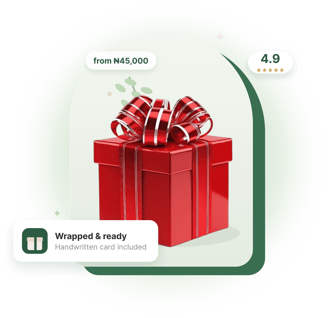 A red gift box wrapped with ribbon, from N45,000, rated 4.9, wrapped and ready with a handwritten card included